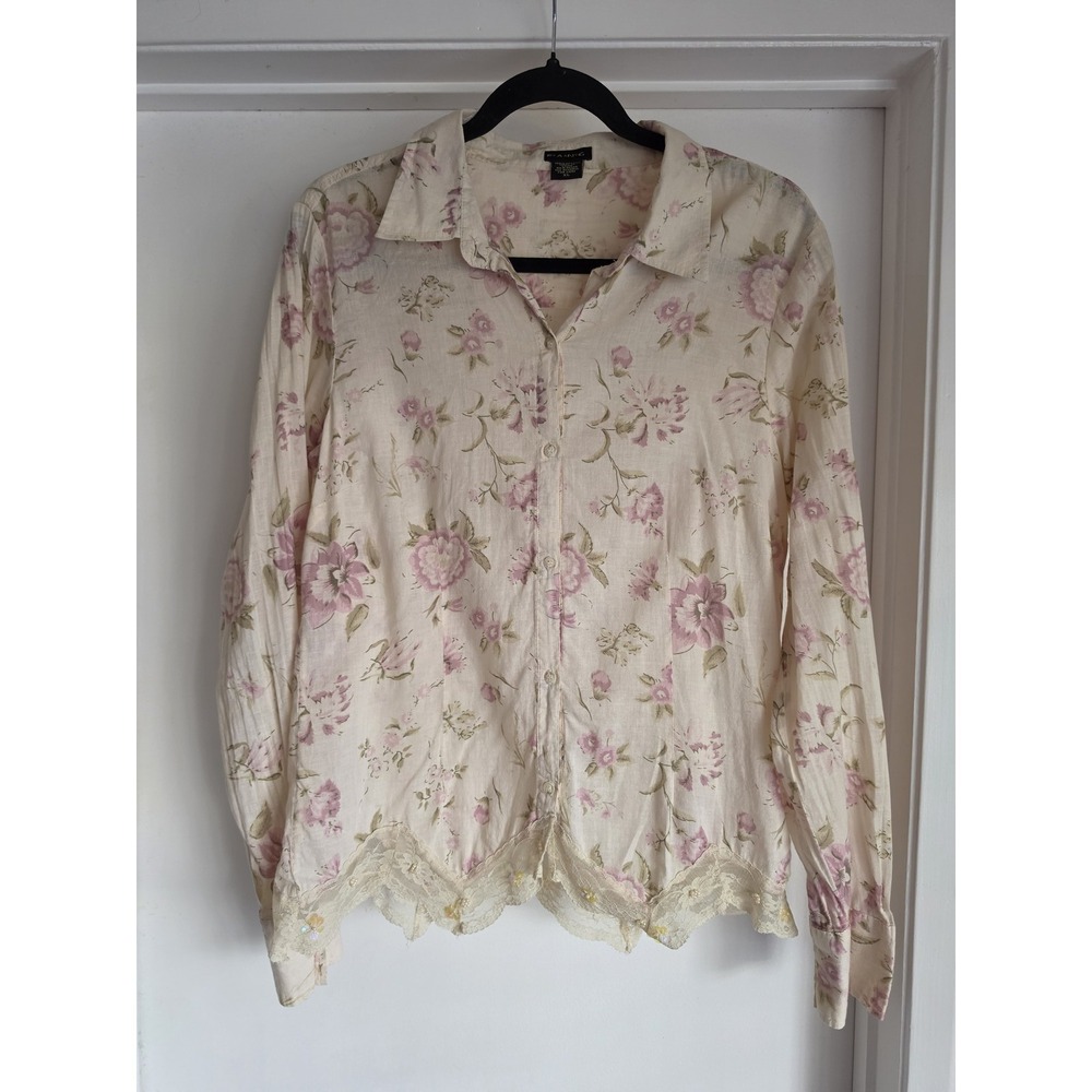 VTG FRANCINE Blouse XL Floral Beige Pink Long Sleeve Cotton Boho Top Shirt Lace